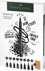 Faber Castell Tuschestift PITT artist pen Set Schwarz (XXS, S, F, M, B, C, 1.5, Fude hard) & Sketchbook A6 