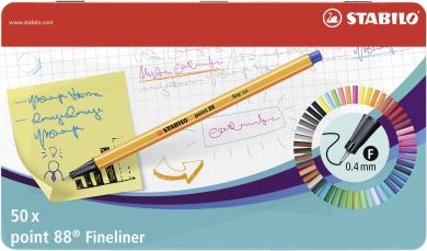 Fineliner - STABILO point 88 - 50er Metalletui - mit 47 verschiedenen Farben - 2x blau, rot, schwarz 