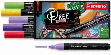 Acrylmarker - STABILO FREE Acrylic - T300 Rundspitze 2-3mm - Vibrant - 5er Pack - mit 5 verschiedenen Farben 