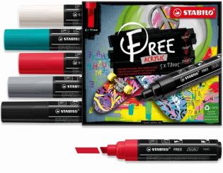 Acrylmarker - STABILO FREE Acrylic - T800C Keilspitze 4-10mm - Bold - 5er Pack - mit 5 verschiedenen Farben 