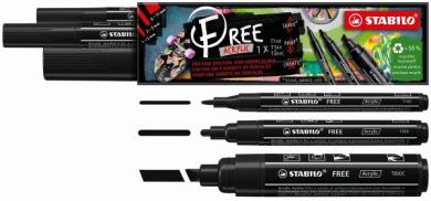 Acrylmarker - STABILO FREE Acrylic - 3er Pack - je 1x T100, T300, T800C - mit 3 verschiedenen Spitzen - schwarz 