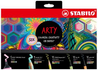 Stifte-Set STABILO ARTY Creative Set Pastel 50er Pack Textmarker, Multitalentstifte, Aquarell-Buntstifte, Fineliner & Premium-Filzstifte 