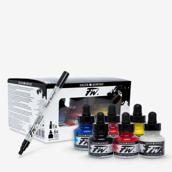 Daler-Rowney FW Acrylic Primary Colours Ink Einsteiger-Set 6 x 29,5ml & leerer Marker 