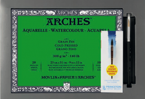 Aktion: ARCHES Aquarelle Block, rundumgeleimt, Feinkorn, 300 g/m², 23 x 31 cm, 20 Blatt + Pinsel 